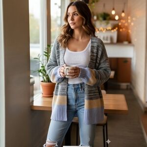 Truly Madly Deeply Colorblock Cardigan Gray Blue Yellow Slouchy Urban Outfitters